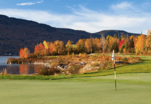 a serene golf course by the water in autumn